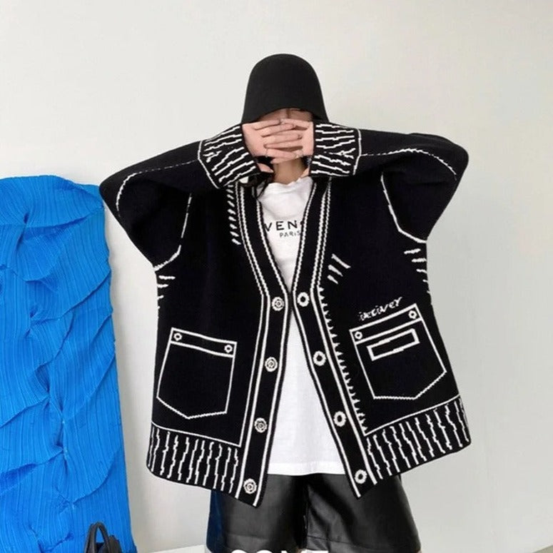 Lockere Streetwear Y2K Grafik bedruckt Langärmlige Strickjacke mit V-Ausschnitt