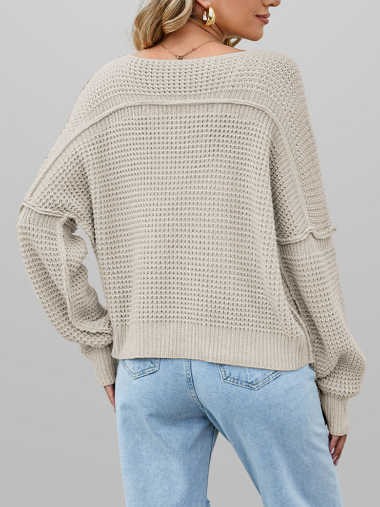 Damen Oversize Strickpullover V-Ausschnitt Lässig Langarm Freizeit