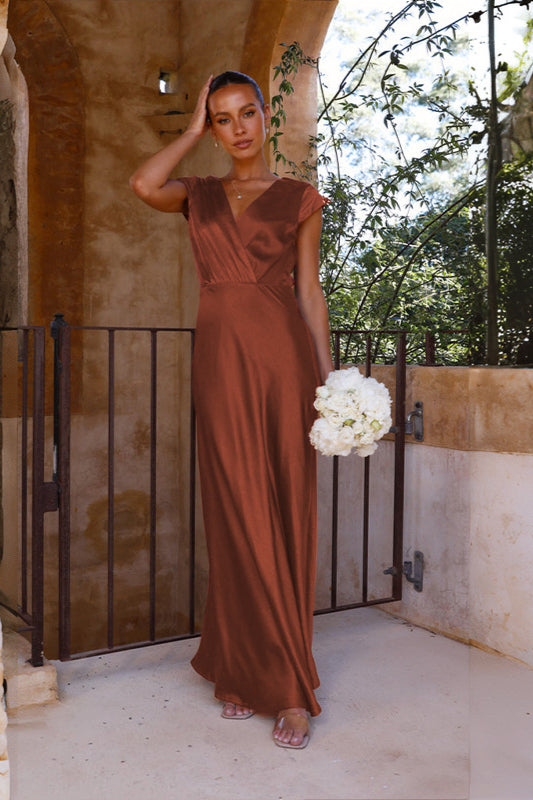 Luxurious long evening maxi dress brown satin wrap wedding outfit