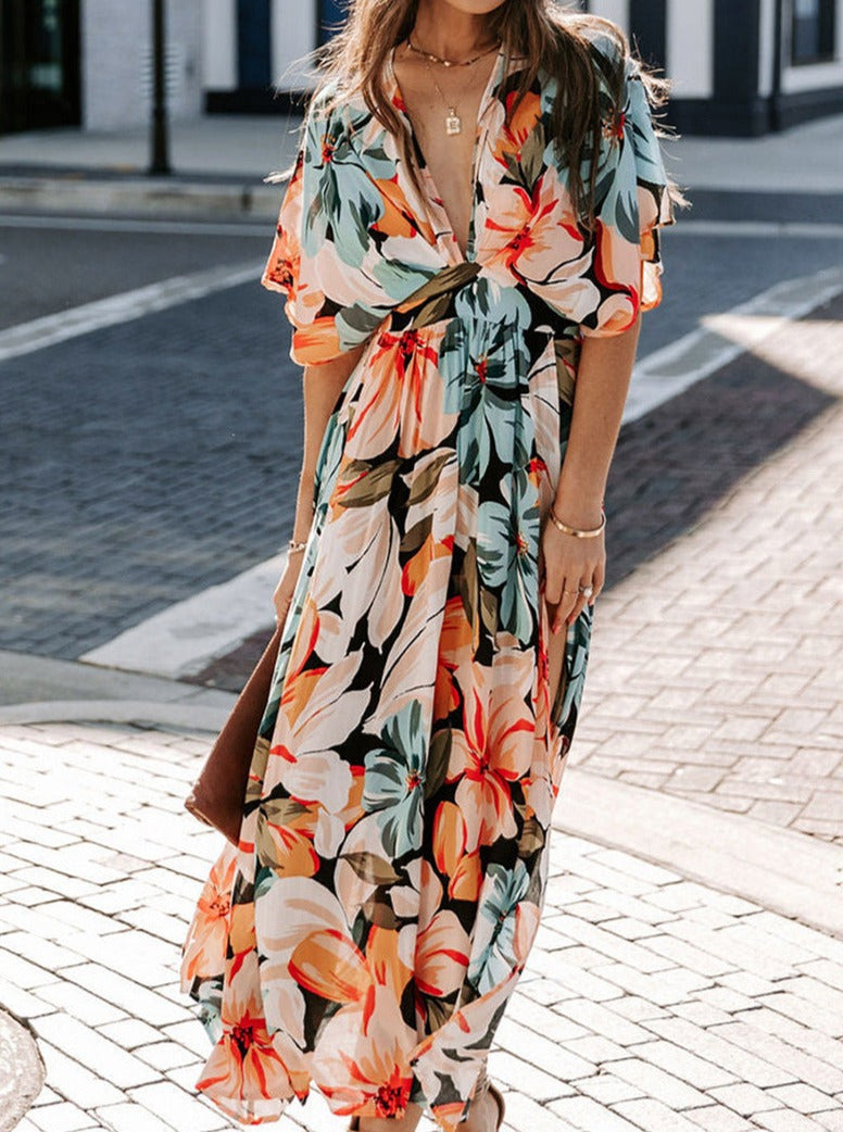 V-Neck Printed Loose Slit Dress