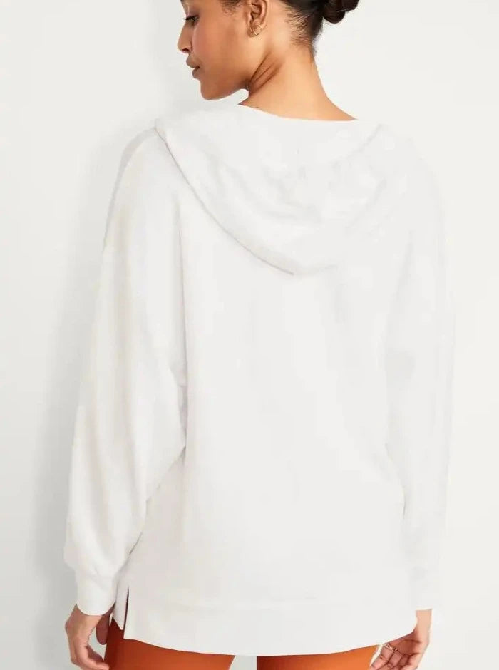 White Oversized Deep V-Neck Hooded Sweatshirt