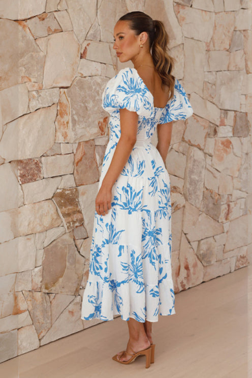 Sommer Damen Elegantes Langes Kleid Festlich Blau Floral Off-Shoulder Midi Ballonärmel