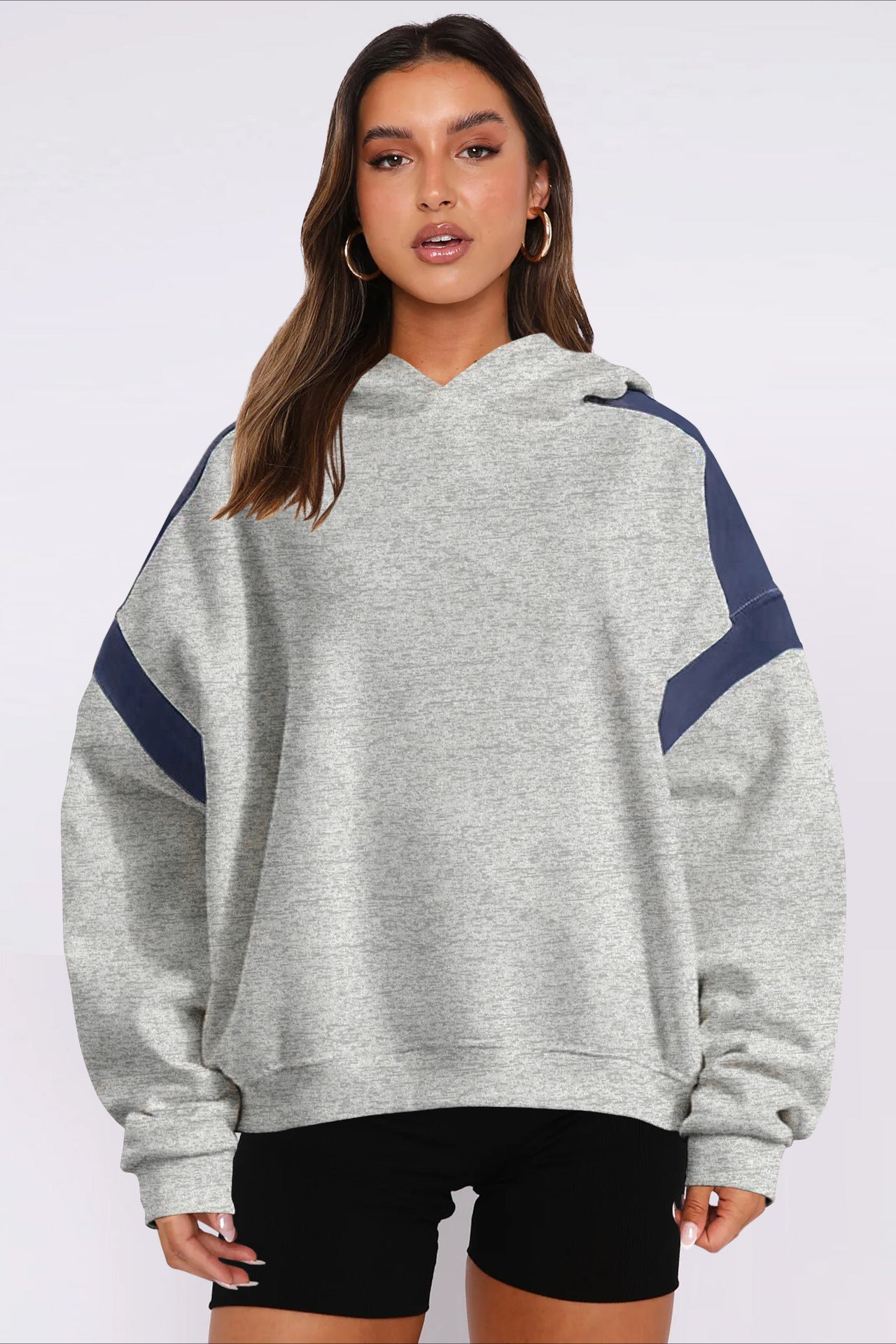 Oversize Hoodie Damen sportlich Kapuzenpullover Sweatshirt modische Farbeinsatz