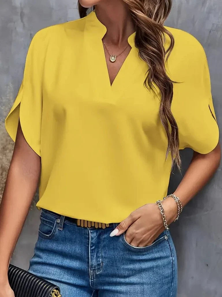 Elegant Short Sleeve Deep Notch V Neck Blouse