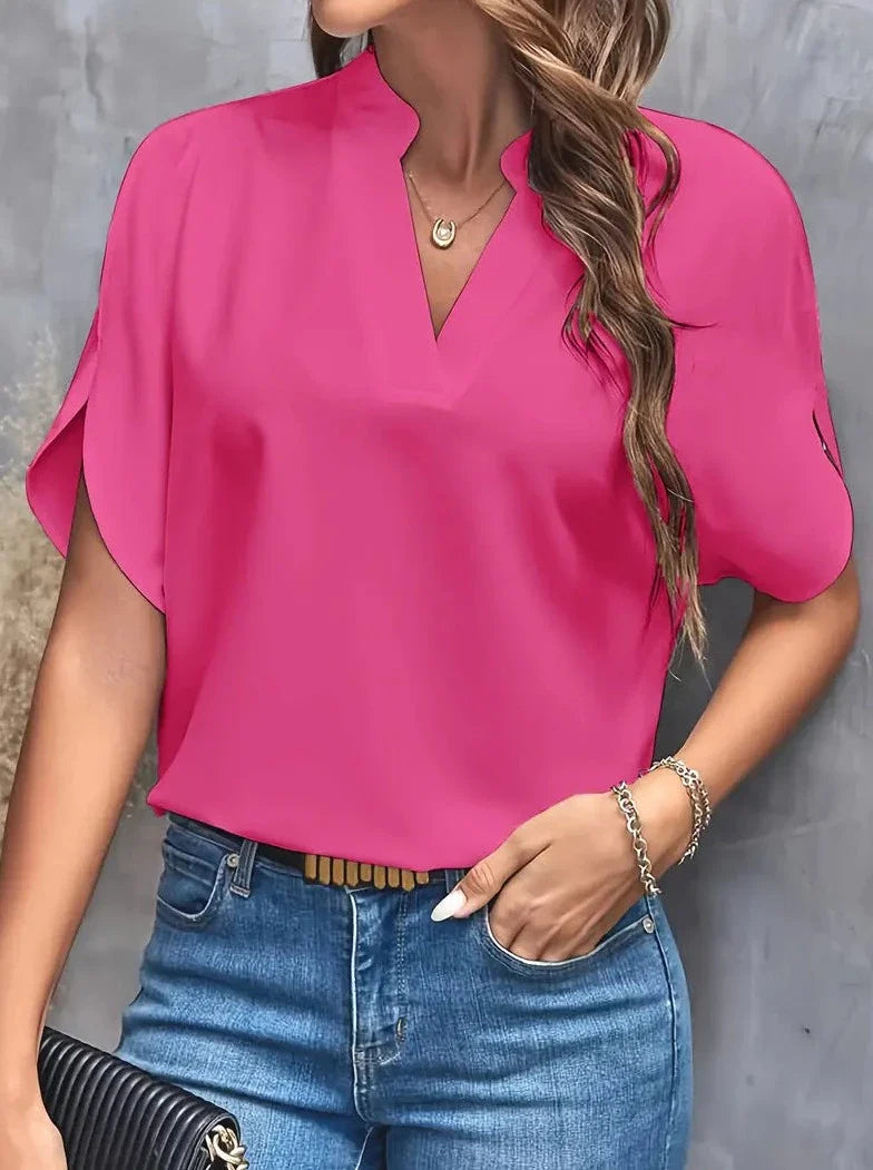 Elegant Short Sleeve Deep Notch V Neck Blouse