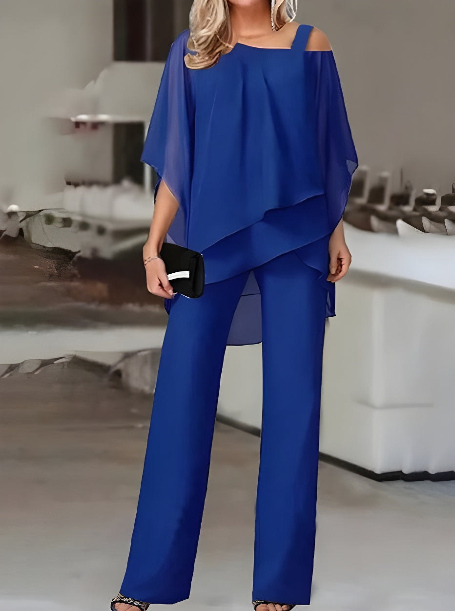 Luxurious Asymmetric Off The Shoulder Blouse & Pants Set