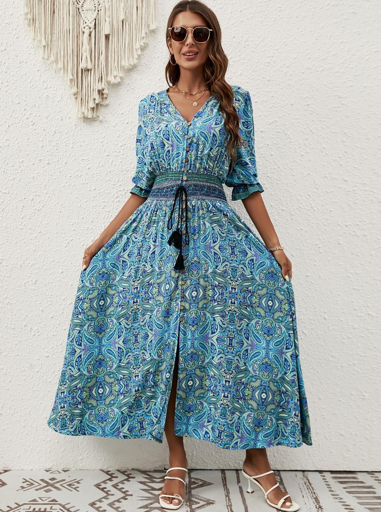 Vintage Boho Printed Half Sleeve Midi Dress