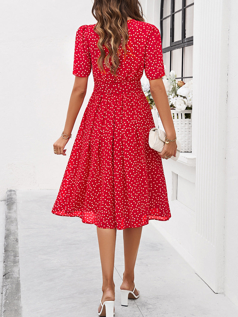 A-Linien-Kleid mit Rundhalsausschnitt und Retro-Polka-Dots-Print 