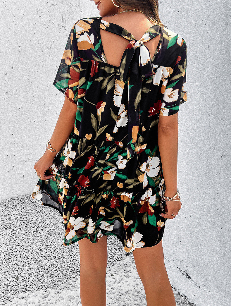 Schwarzes, kurzärmliges Kleid mit Freizeit-Urlaubs-Print