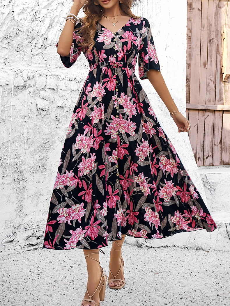 Black Floral Printed Large Swing Dress