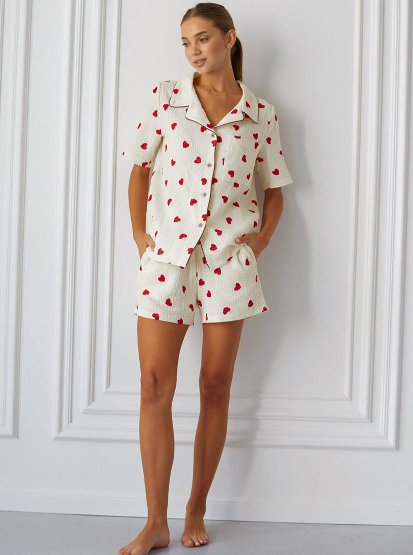 Two Piece Heart Printed Collared Sleepwear