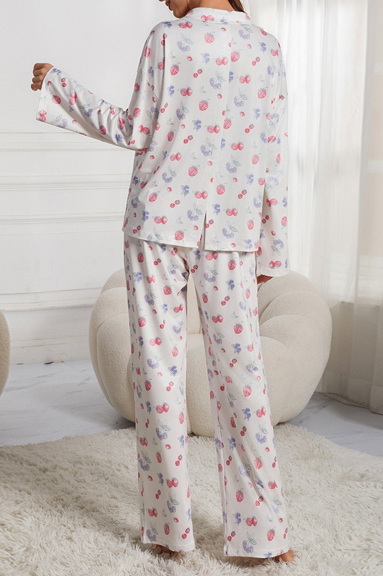 Fruit Printed White Long Sleeve Shirt Wide Leg Pajama Set