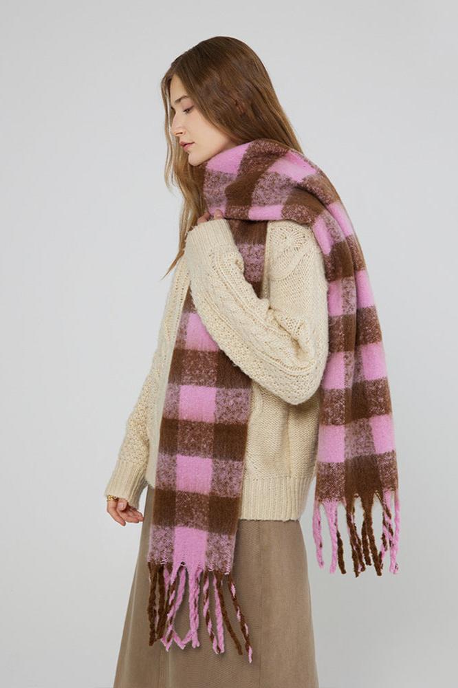 Karierter Schal Damen – Schal Fransen Groß Wollschal Strickschal Winter, Check Pink-Braun