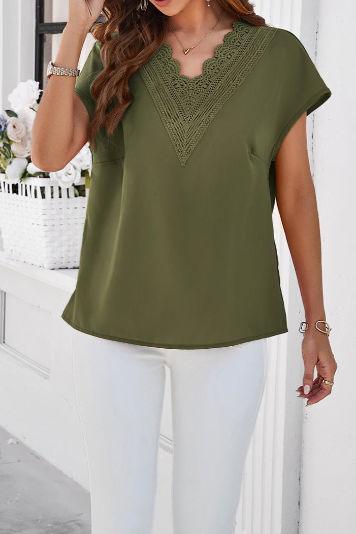 Green Elegant V-Neck Lace Short Sleeve Shirt