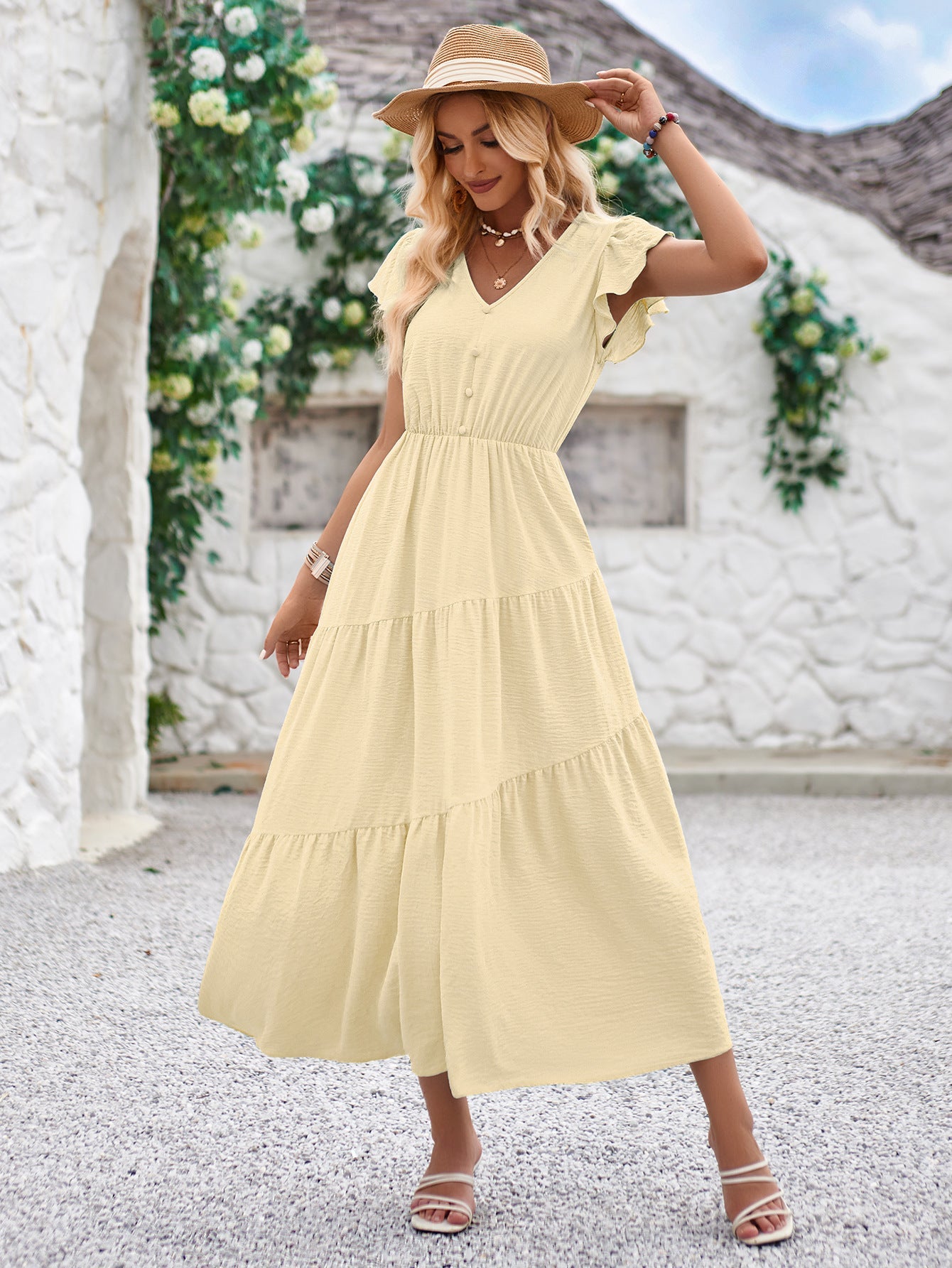 Solid Color V-Neck Layered Sundress