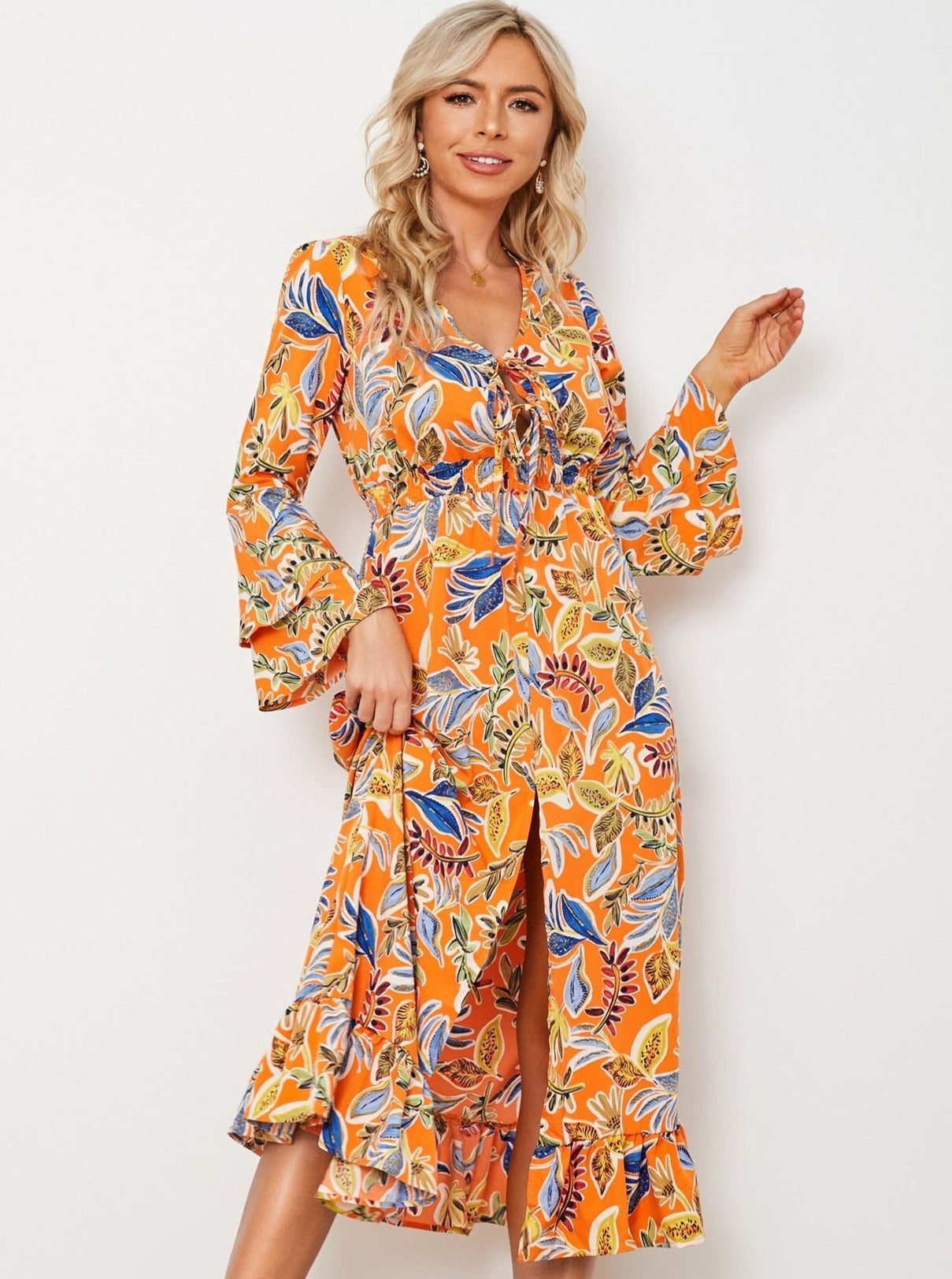 Long Sleeve Front Sling Long Dress