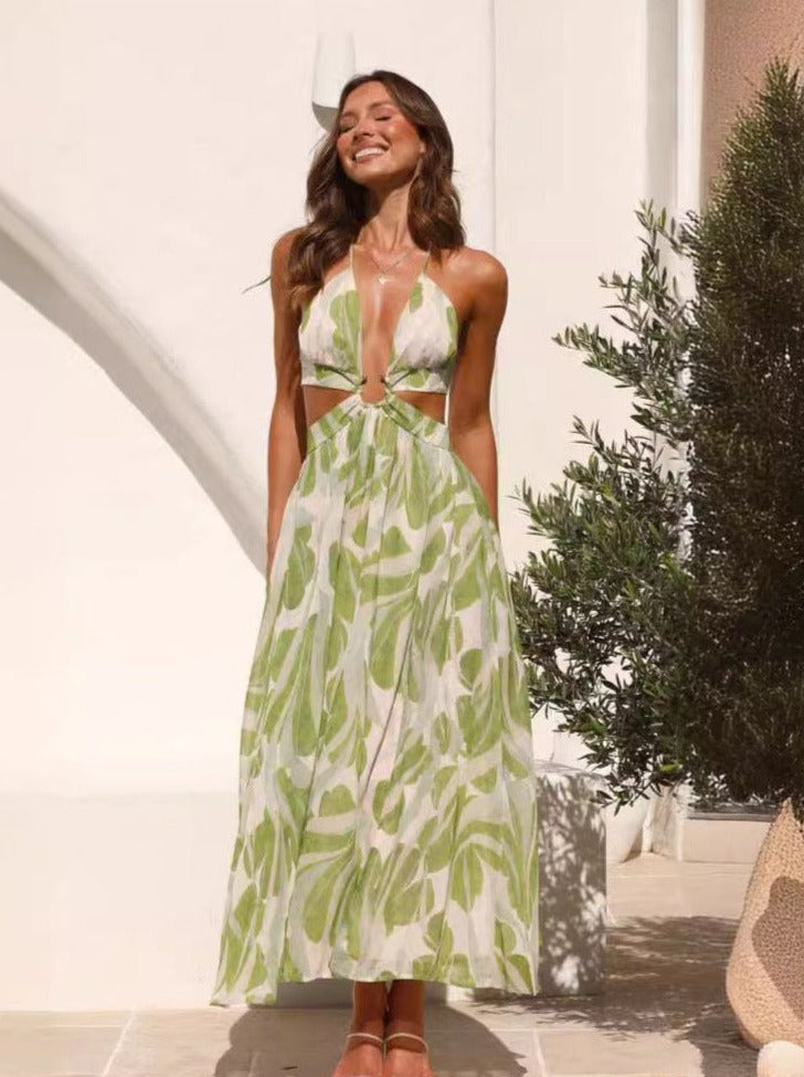 Tropical Printed Deep V-Neck Backless Dress