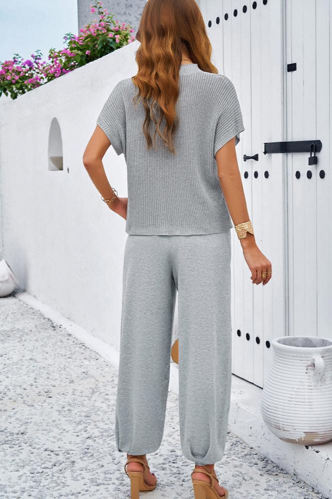 Grey Round Neck Short Sleeve Top and Pants Set