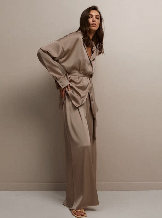 Elegant Two Piece French V-Neck Nightwear Wide Leg Pants