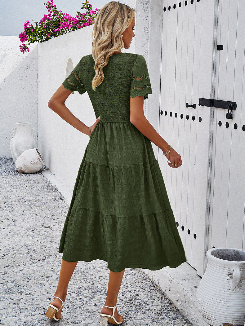 Dark Green Elegant Layered Hollow Dress