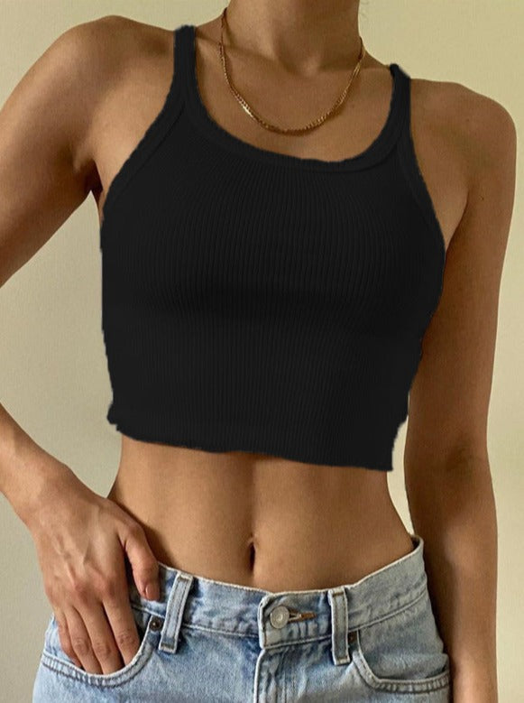 Sexy Solid Color Sleeve Less U Collar Crop Top