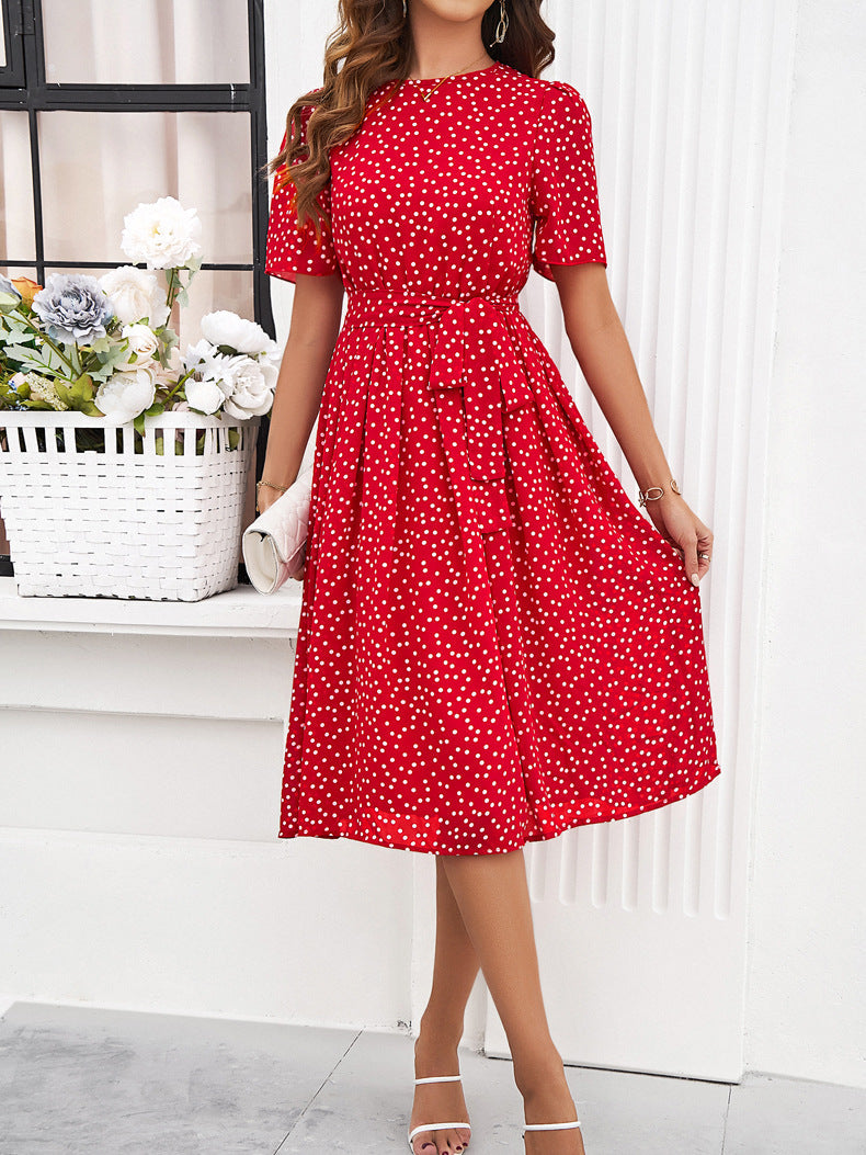 A-Linien-Kleid mit Rundhalsausschnitt und Retro-Polka-Dots-Print 