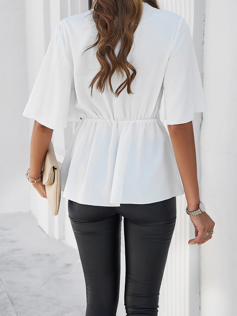 White V-Neck Ribbon Tie Blouse