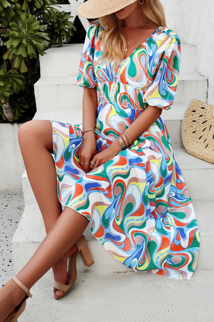 Green Casual Floral V-Neck Puff Sleeve Midi Dress