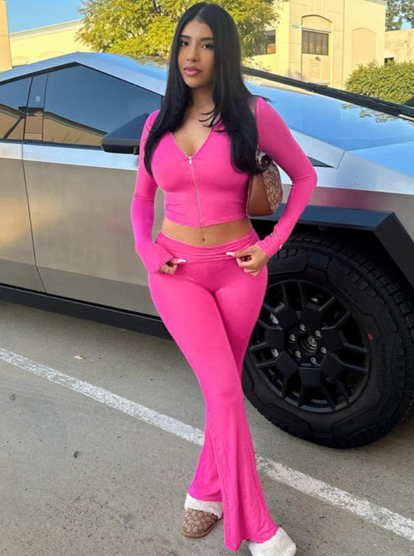 Pink 2 Piece Crop Top Zipper Jacket and Flared Pants Set