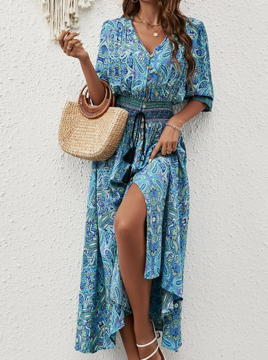 Vintage Boho Printed Half Sleeve Midi Dress