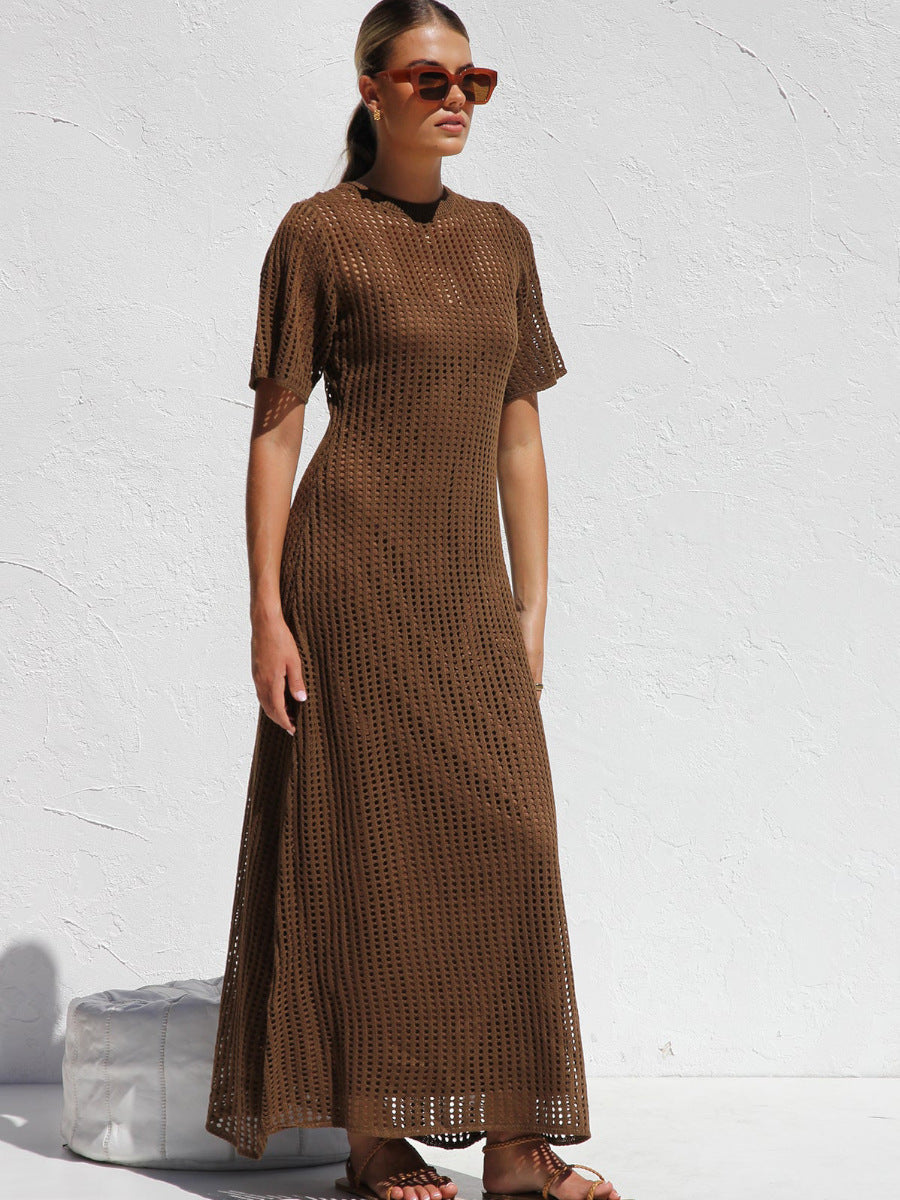 Brown Casual Round Neck Short Sleeve Hollow Mid-Length Dress