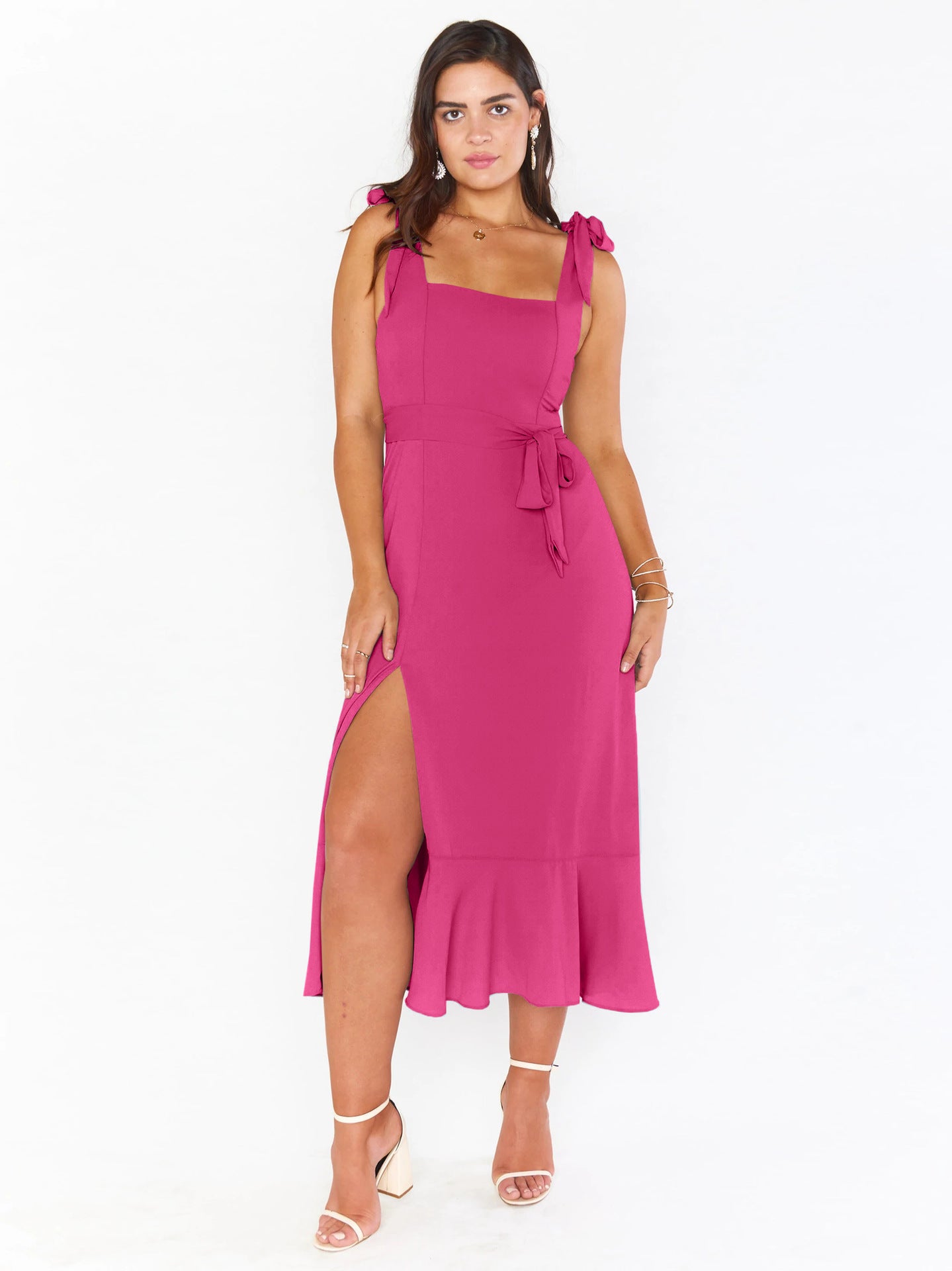 Elegant Solid Color Square Neck Midi Dress