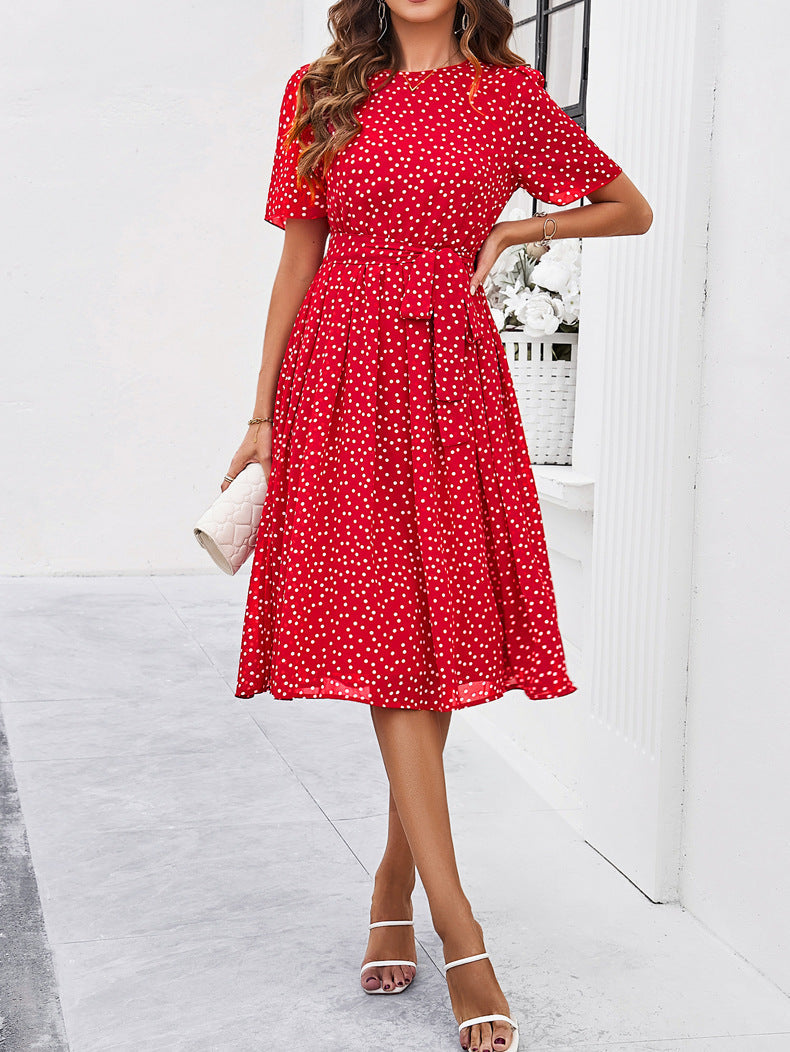 Retro Polka Dots Printed Round Neck A-Line Dress