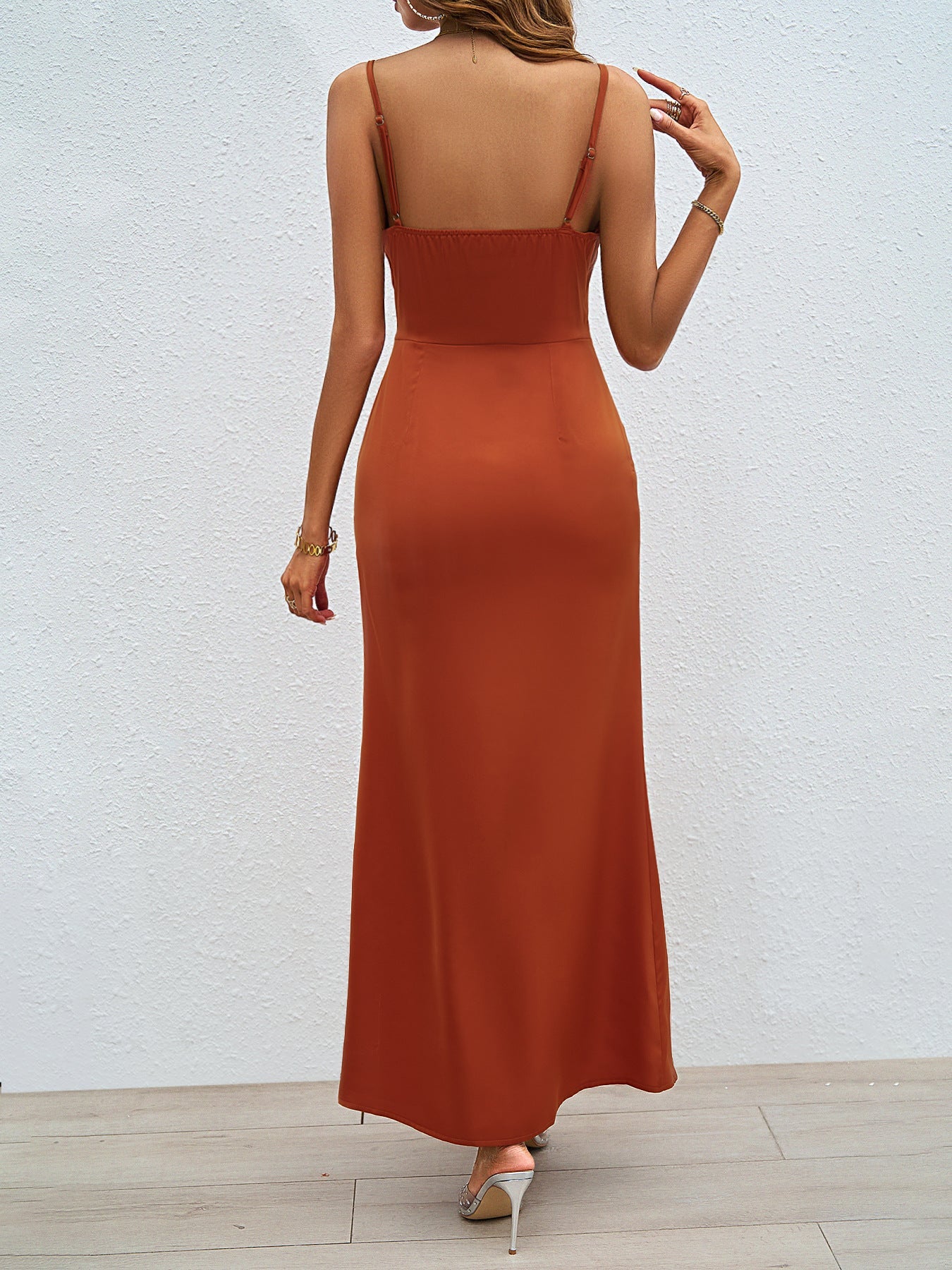 Square Neck Backless Slit Dress