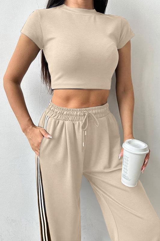 Sporty Short Sleeve Crop Top and Pants Set