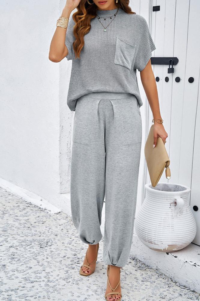 Grey Round Neck Short Sleeve Top and Pants Set