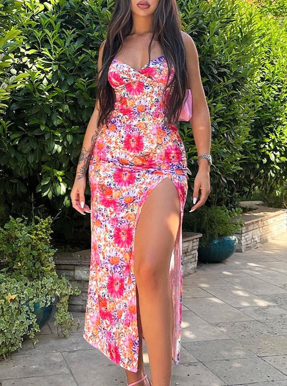 Sexy Floral Printed Revealing Slit Sundress