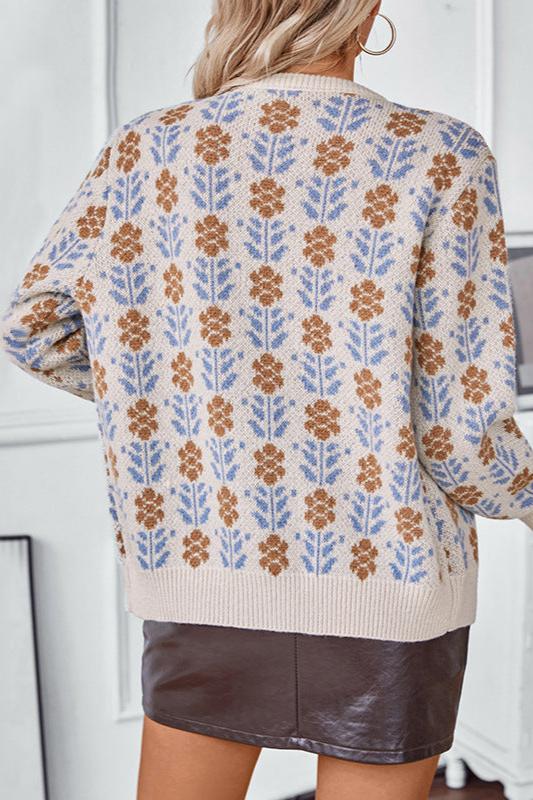 Long Sleeve Floral Buttoned Knitted Sweater