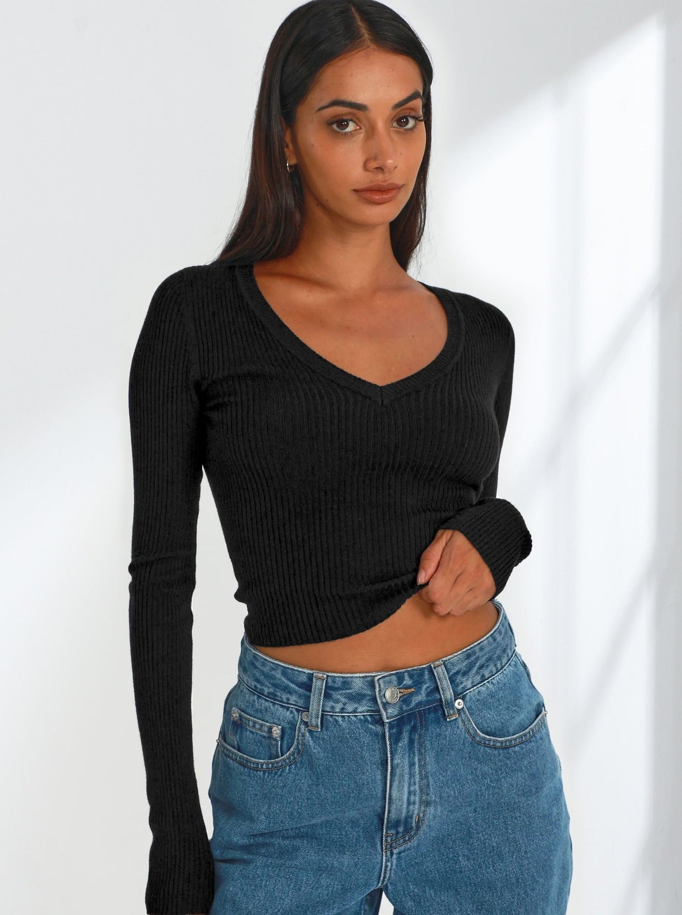 Sexy Long Sleeve Knitted V-Neck Shirt