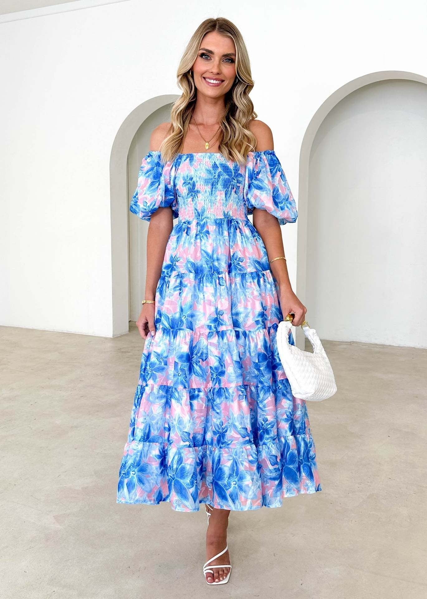 Blue Floral Smocked Square Neck Puff Sleeve Dress