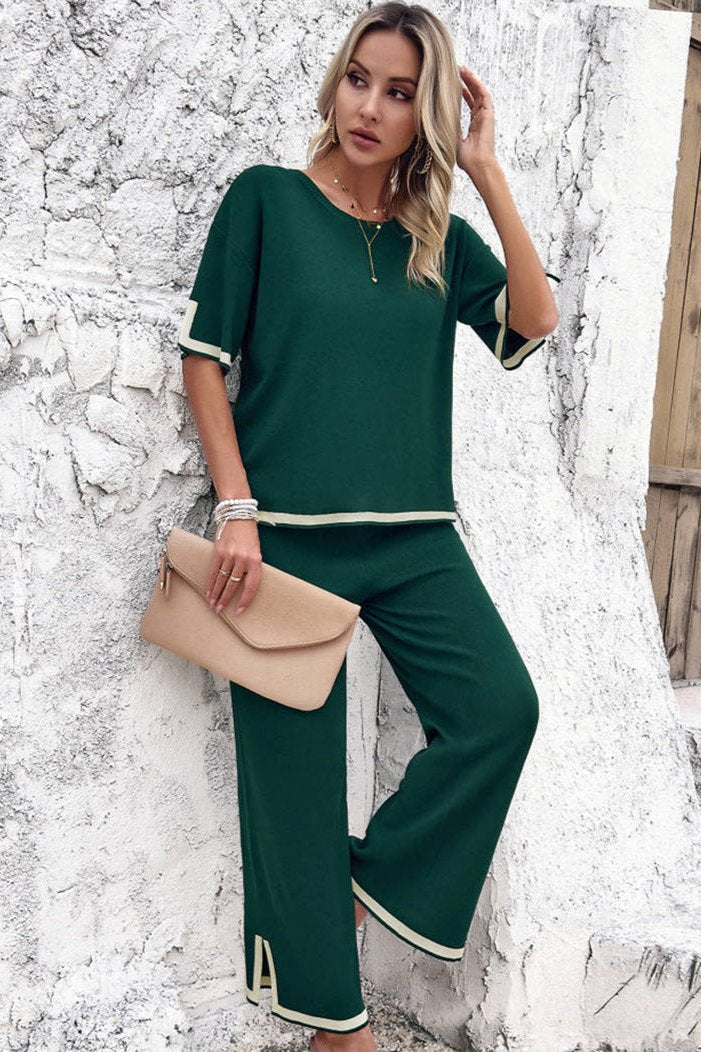 Green Chic Casual Short Sleeve Knitted Top and Pants Set