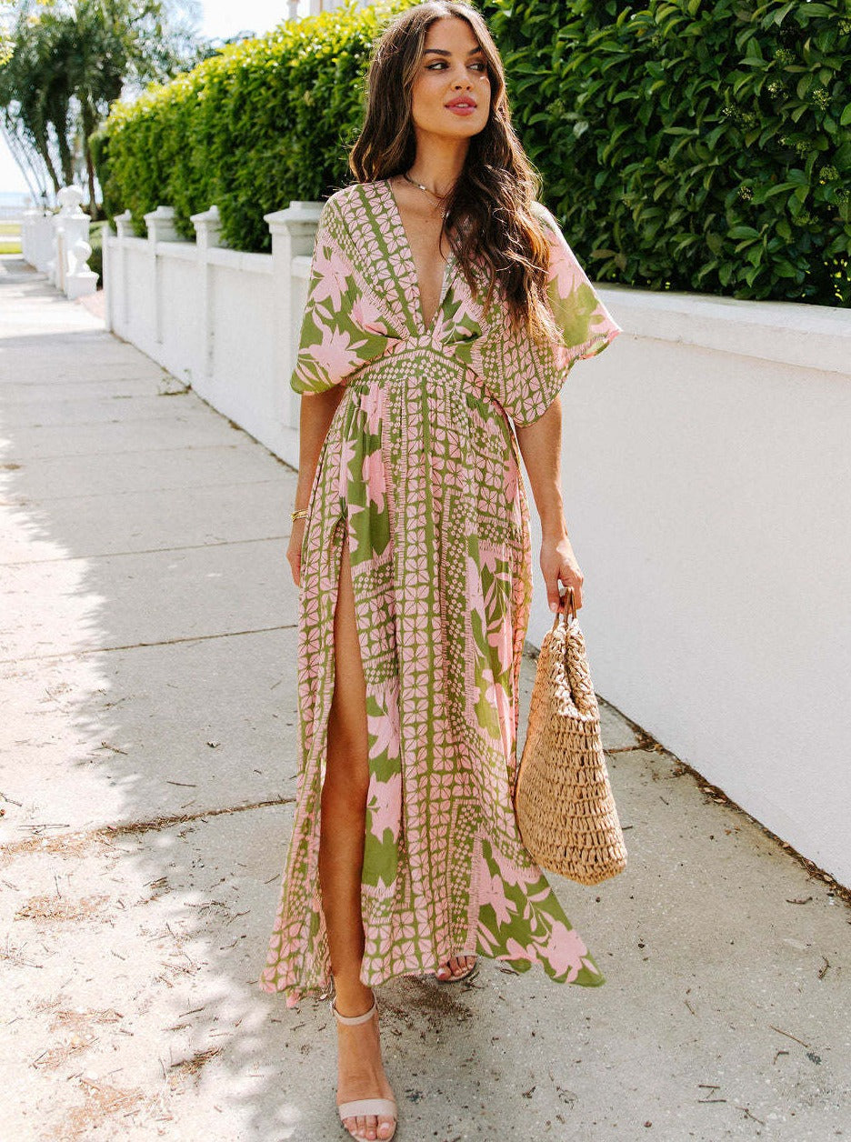 V-Neck Printed Loose Slit Dress