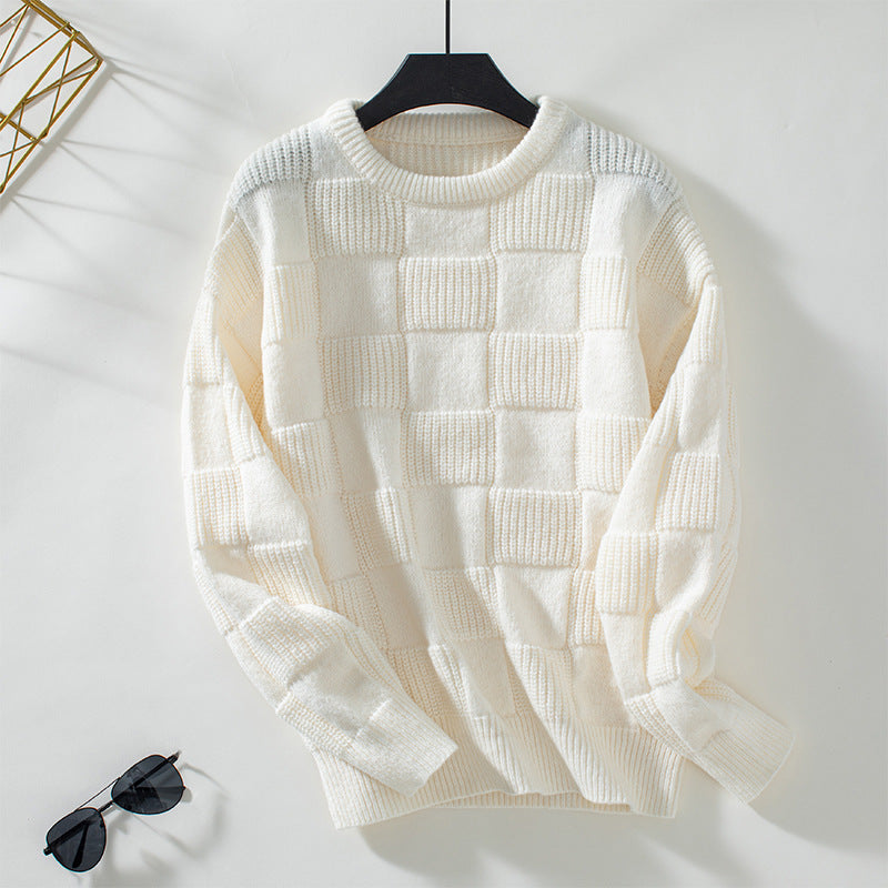 Loose Round Neck Plaid Knitted Pullover Sweater