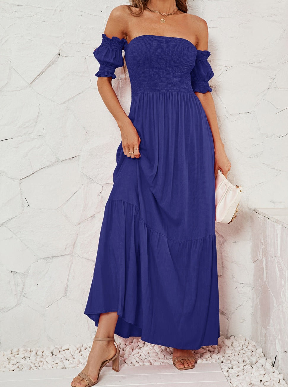 Off Shoulder Bell Sleeve Solid Color Maxi Dress