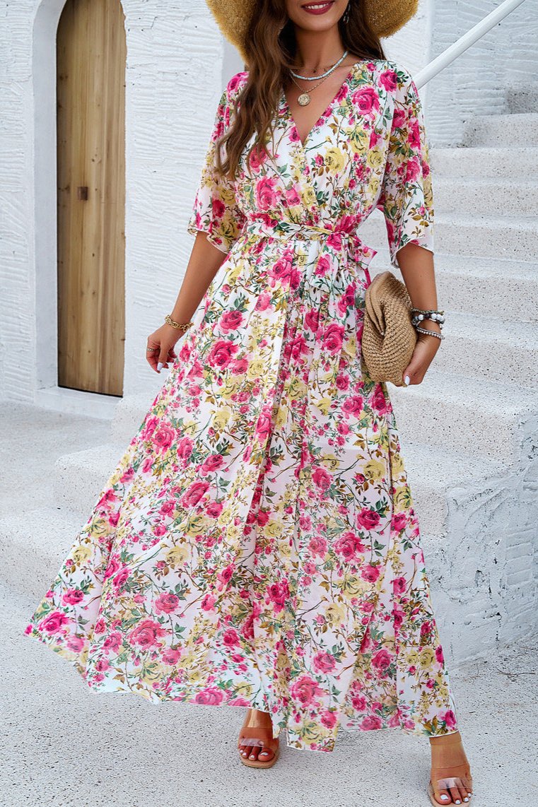 Floral V-Neck Wrap Around Belted Midi Dress