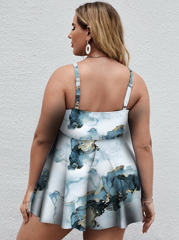 Plus Size Curvy Spaghettiträger-Tops mit Marmor-Print in Blau und Schwarz