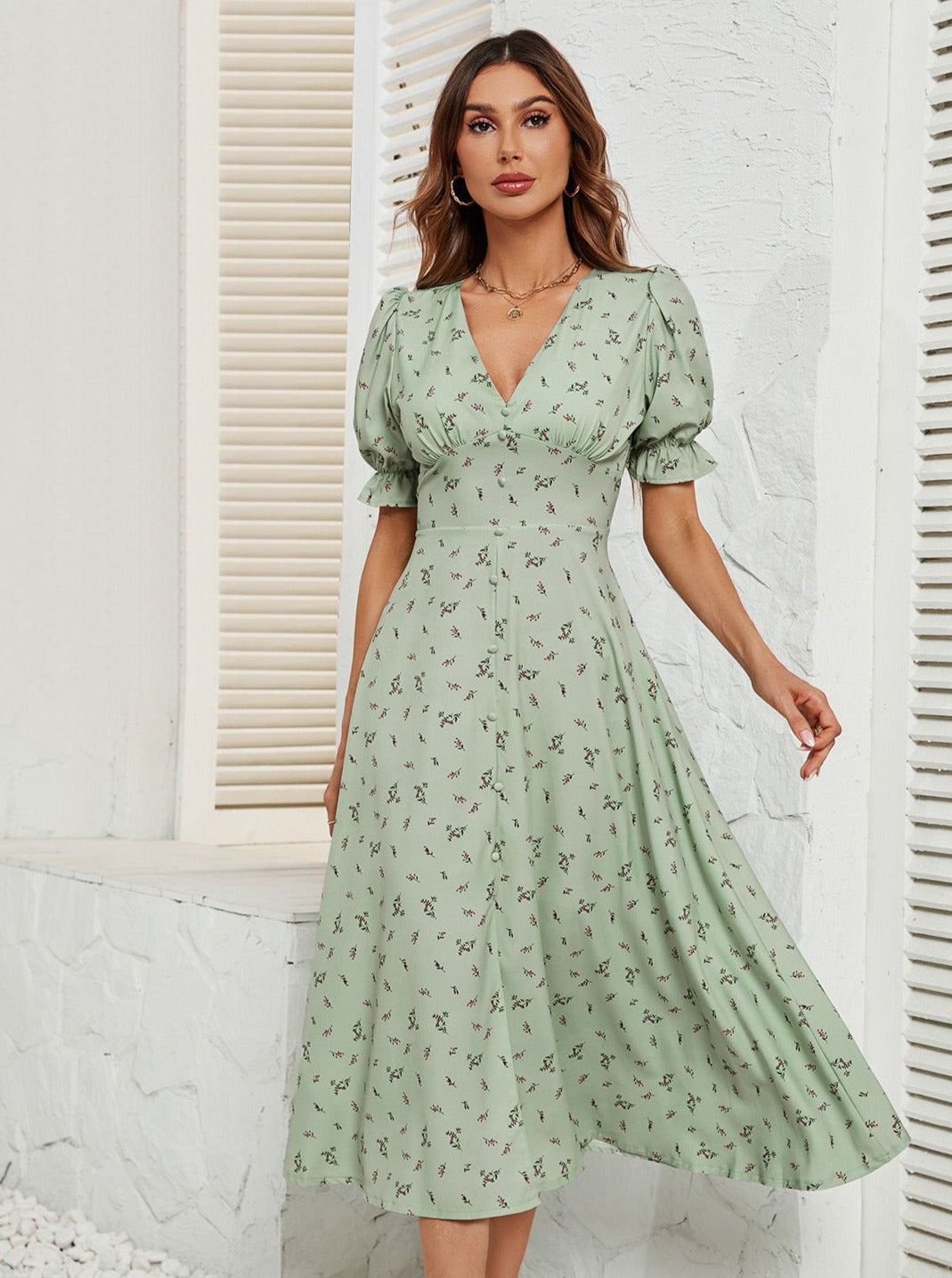 Blumenmuster Sommer Kurzarm Midikleid mit V-Ausschnitt 