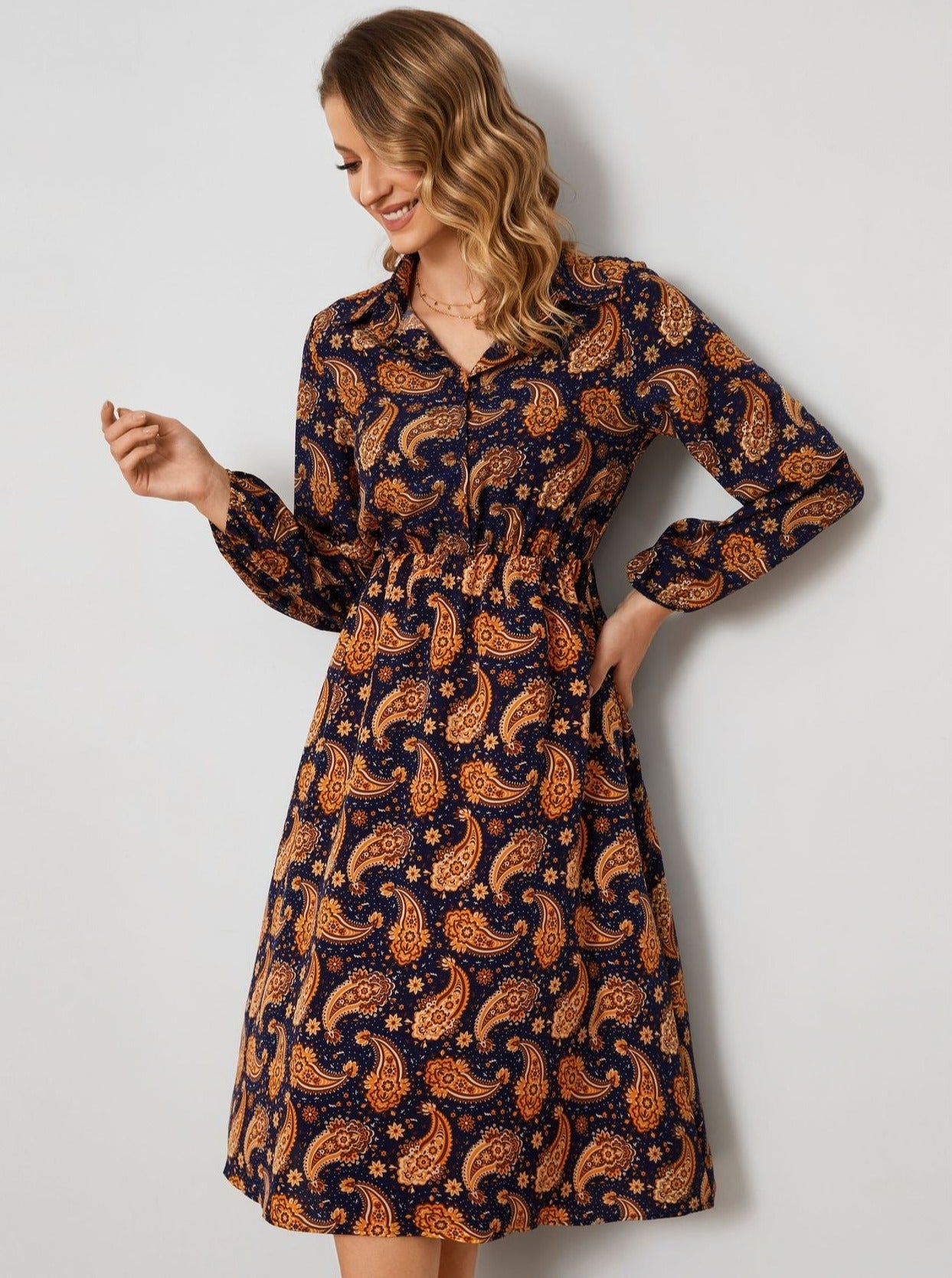 Brown Floral Collar Long Sleeve Temperament Midi Dress