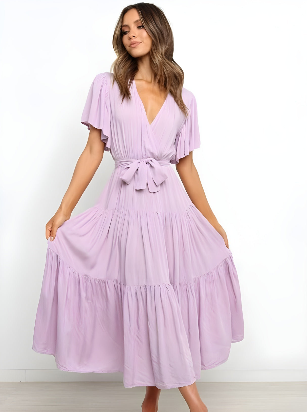 Elegant Tie Waist Solid Color Layered Dress