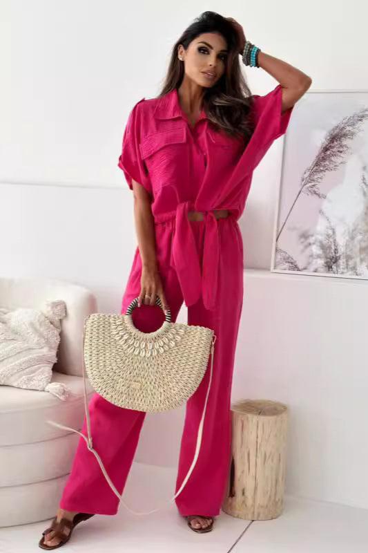 Solid Casual Lapel Button Shirt And Wide Leg Pant Sets